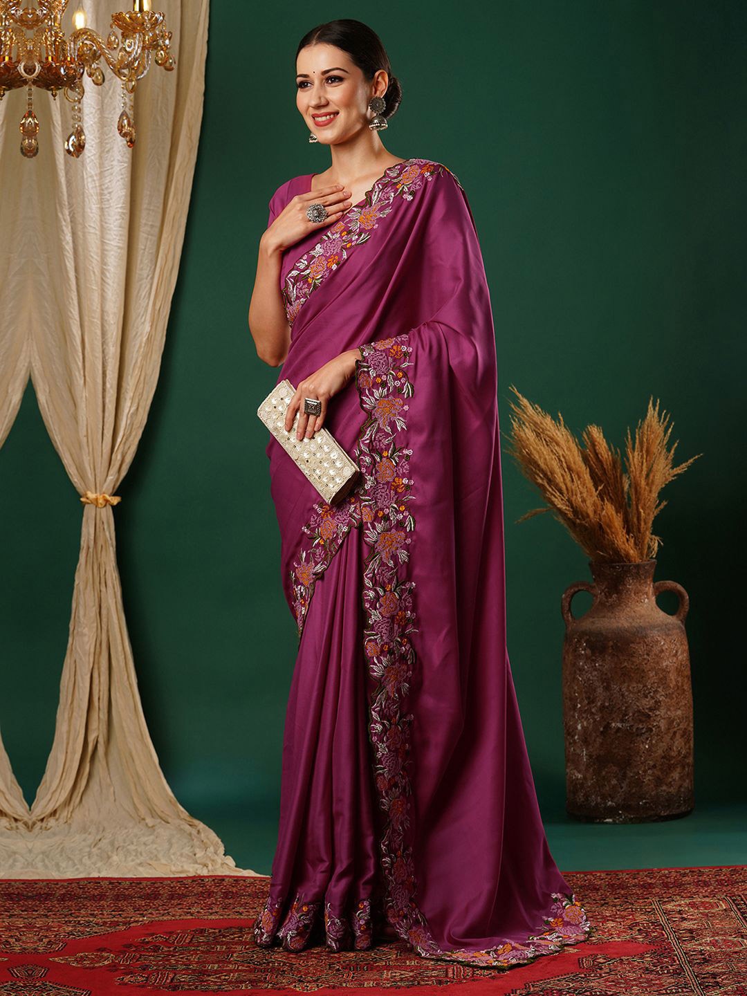

all about you Floral Embroidered Satin Saree, Pink