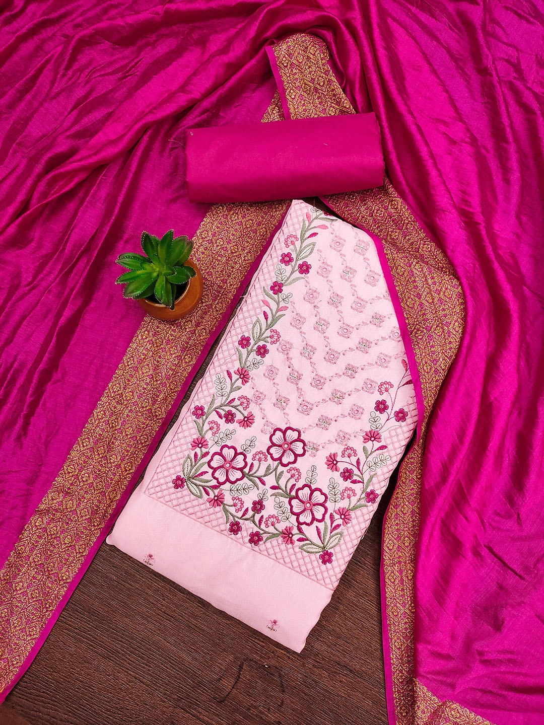 

SAINOOR Floral Embroidered Silk Cotton Unstitched Dress Material, Pink
