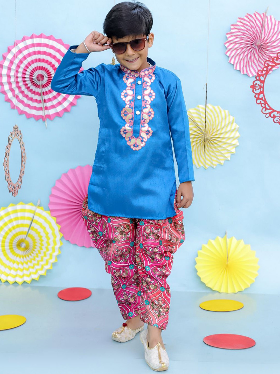 

KID1 Boys Floral Woven Design Gotta Patti Work Kurta With Dhoti Pants, Blue