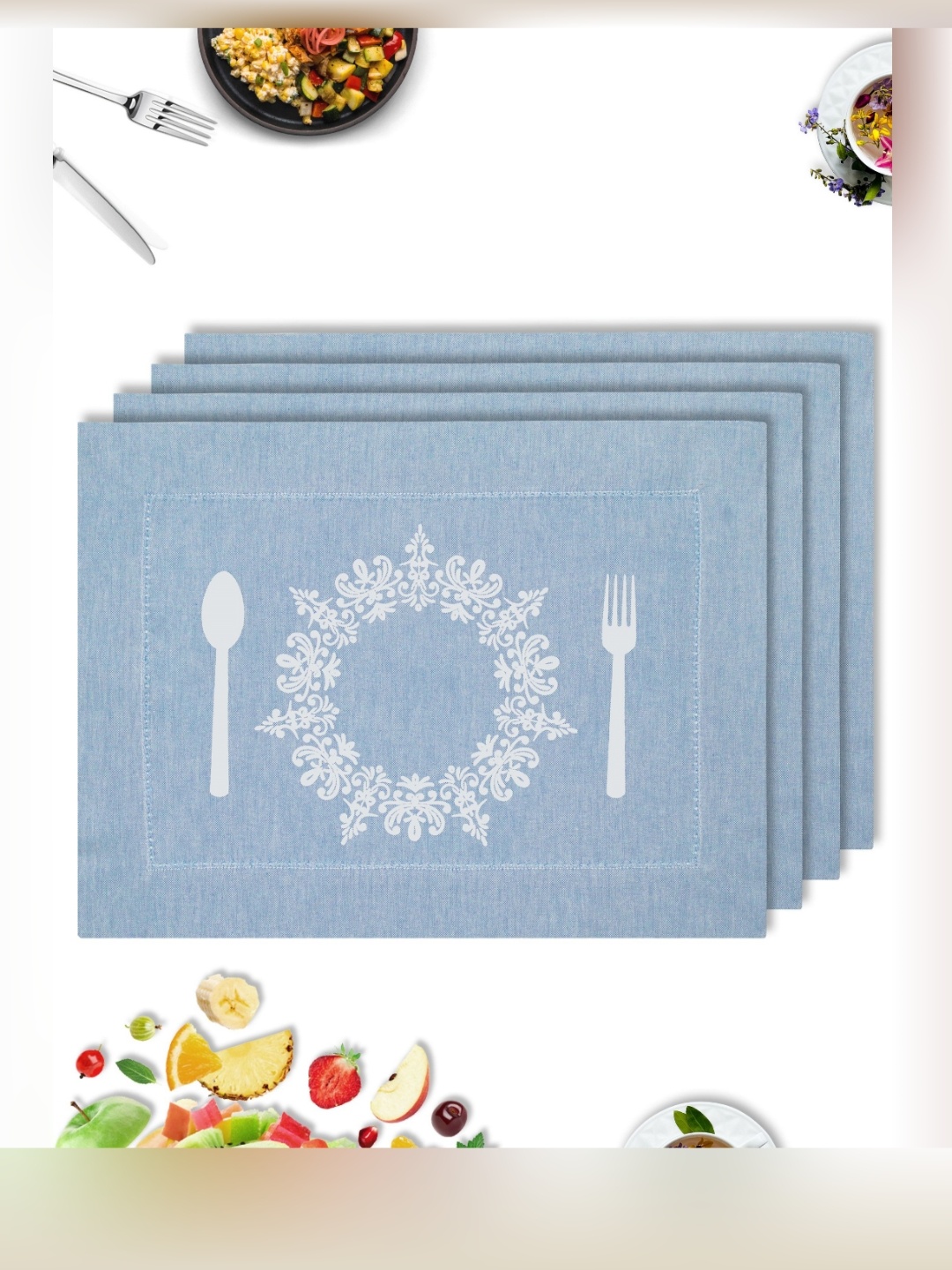 

HOME COLORS.IN Blue & White 4 Pieces Ethnic Motifs Printed Cotton Table Placemats