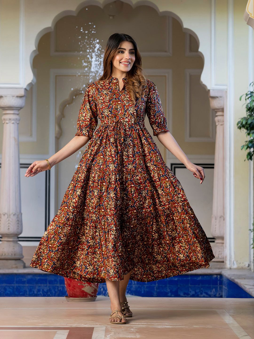 

KALINI Floral Print Puff Sleeve Maxi Dress, Red