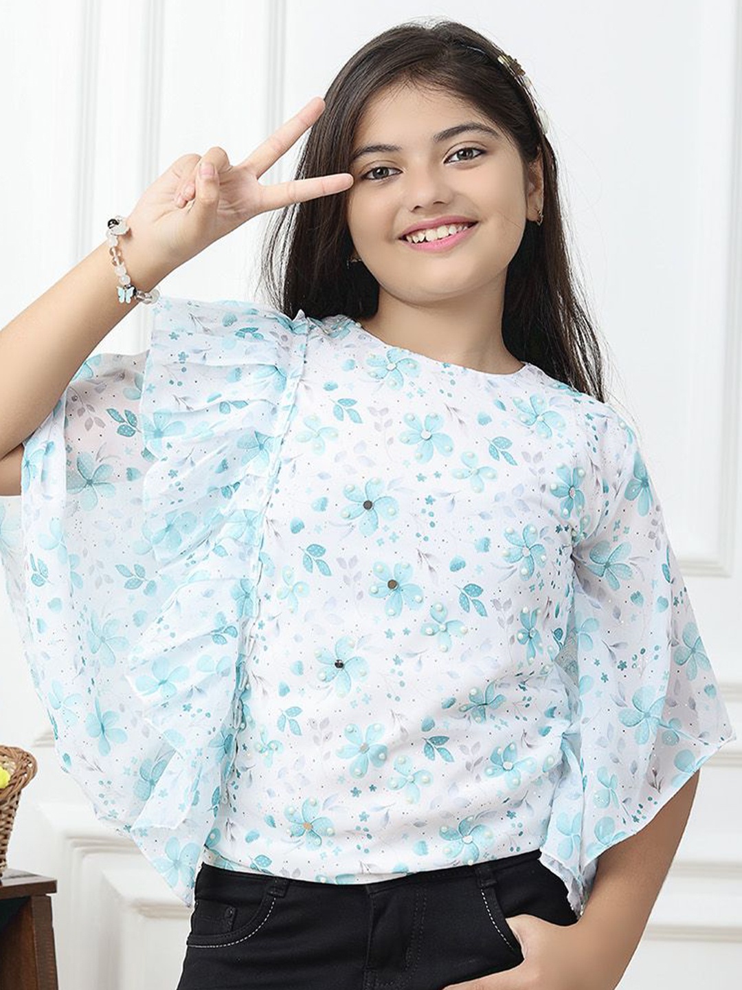 

Miss & Chief Floral Flared Sleeve Top, Green