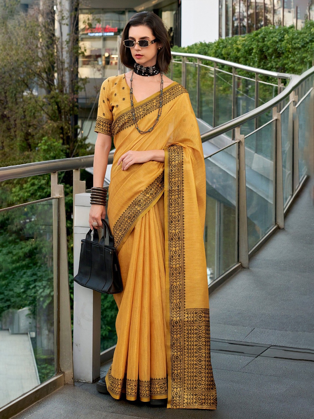 

MySilkLove Cadmium Yellow Linen Tissue Silk Saree