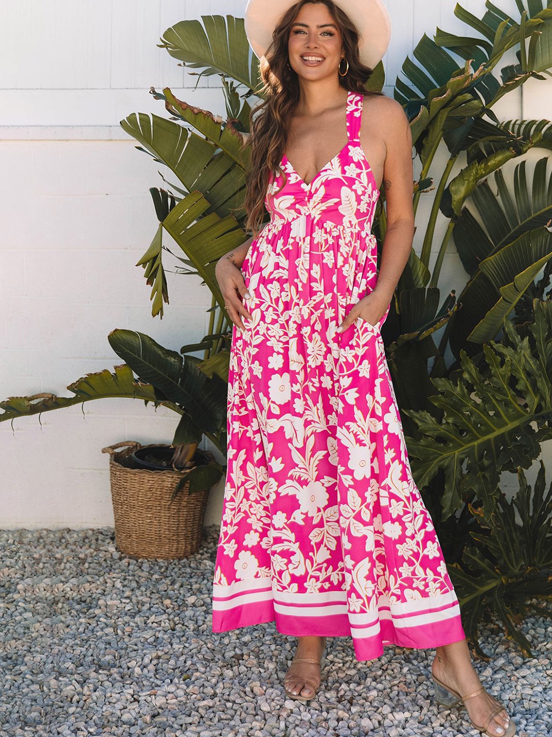 

Errabelly Women Floral Crisscross Backless Maxi Dress, Rose