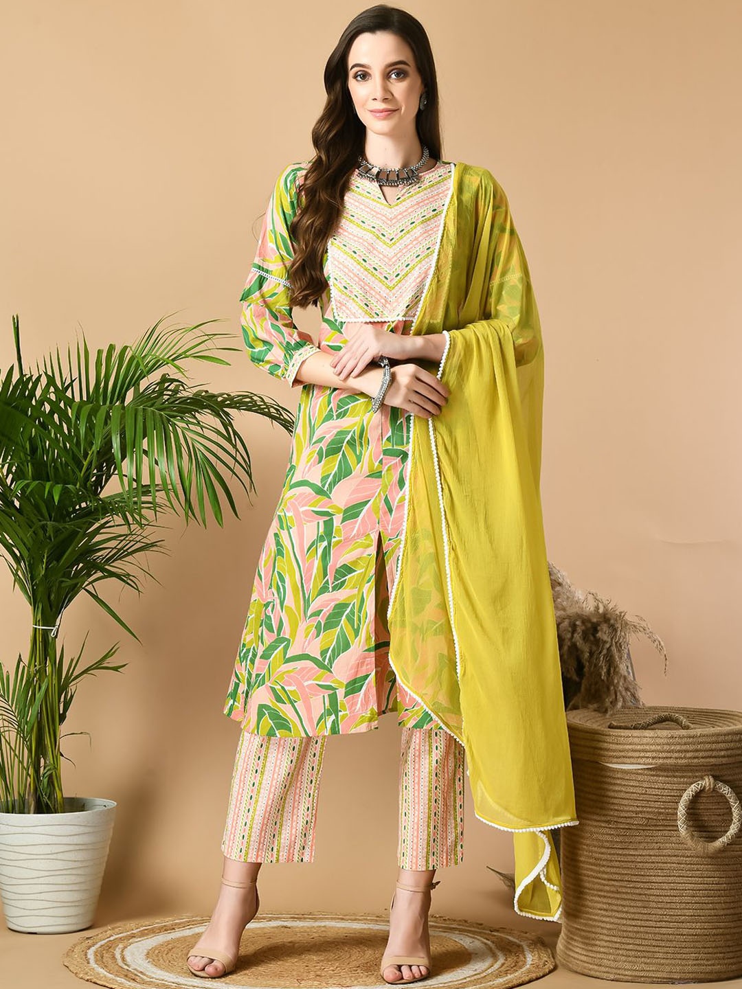 

KALINI Floral Printed Notch Neck Pure Cotton A-Line Kurta With Trousers & Dupatta, Lime green