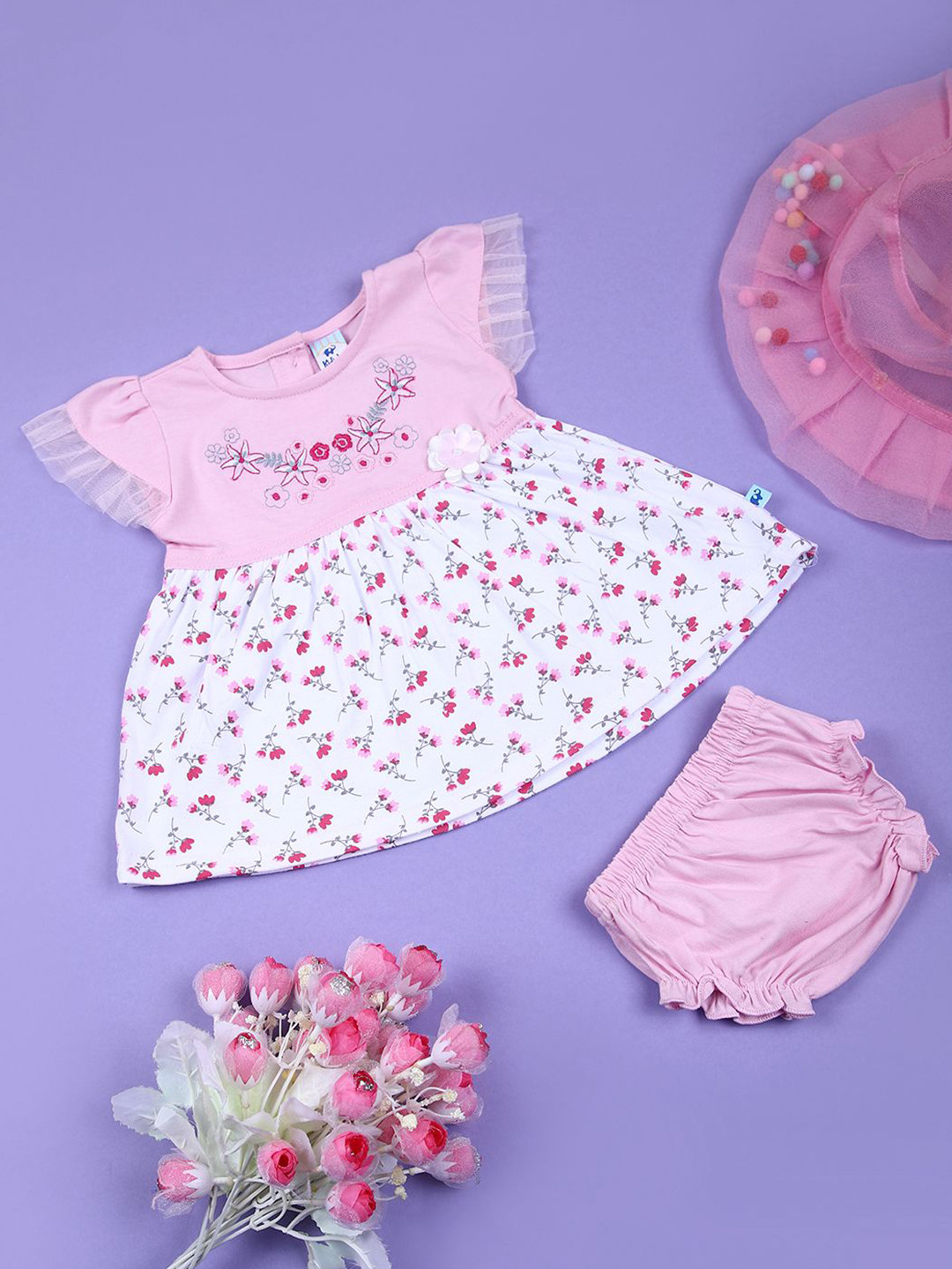 

V-Mart Girls Floral Print Fit & Flare Knee Length Dress With Brief, Pink