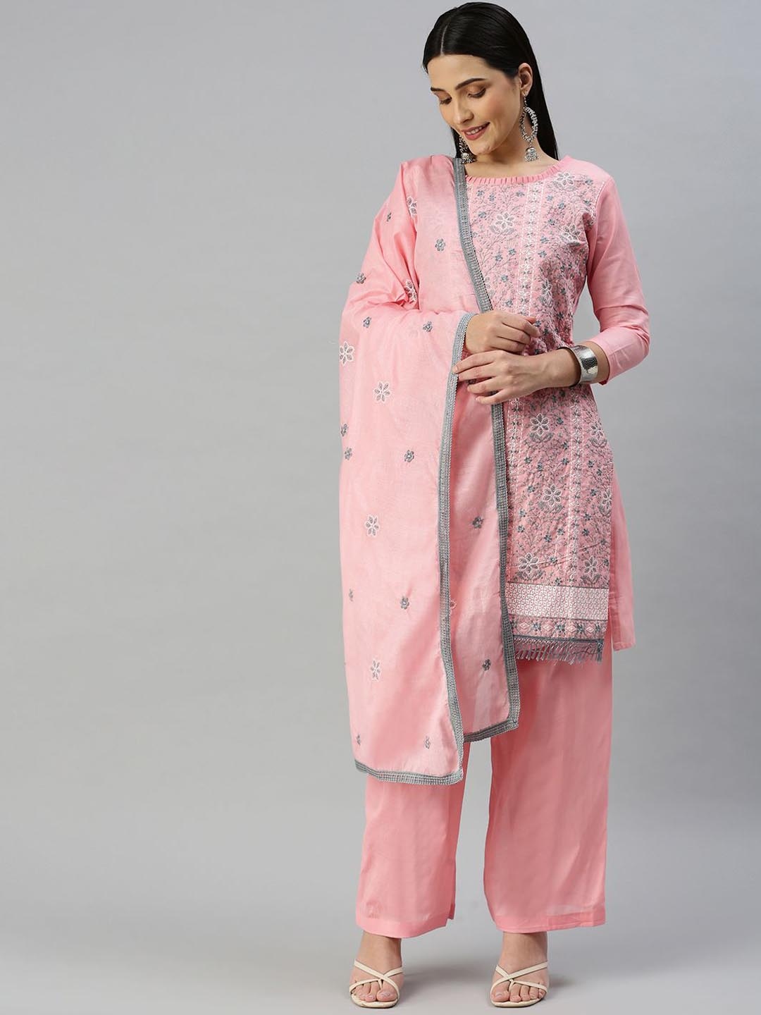 

SAINOOR Embroidered Pure Cotton Semi-Stitched Dress Material, Pink