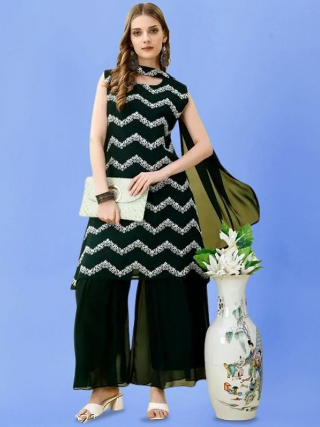 

PARROT CREATION Chevron Embroidered Sequinned Georgette Kurti With Sharara And Dupatta, Green