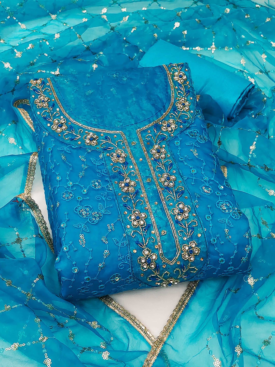 

SAINOOR Floral Embroidered Sequinned Organza Unstitched Dress Material, Blue