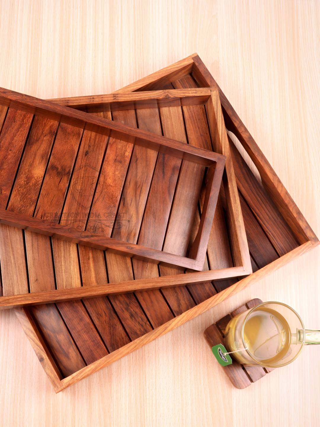 

Creation India Craft Brown 2025 Wood 3 Pieces Easy to Clean Serving Tray