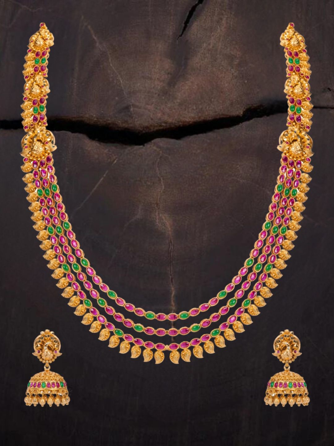

South Temple Jewellery Gold-Plated Artificial Stones Studded Antique Jewellery Set