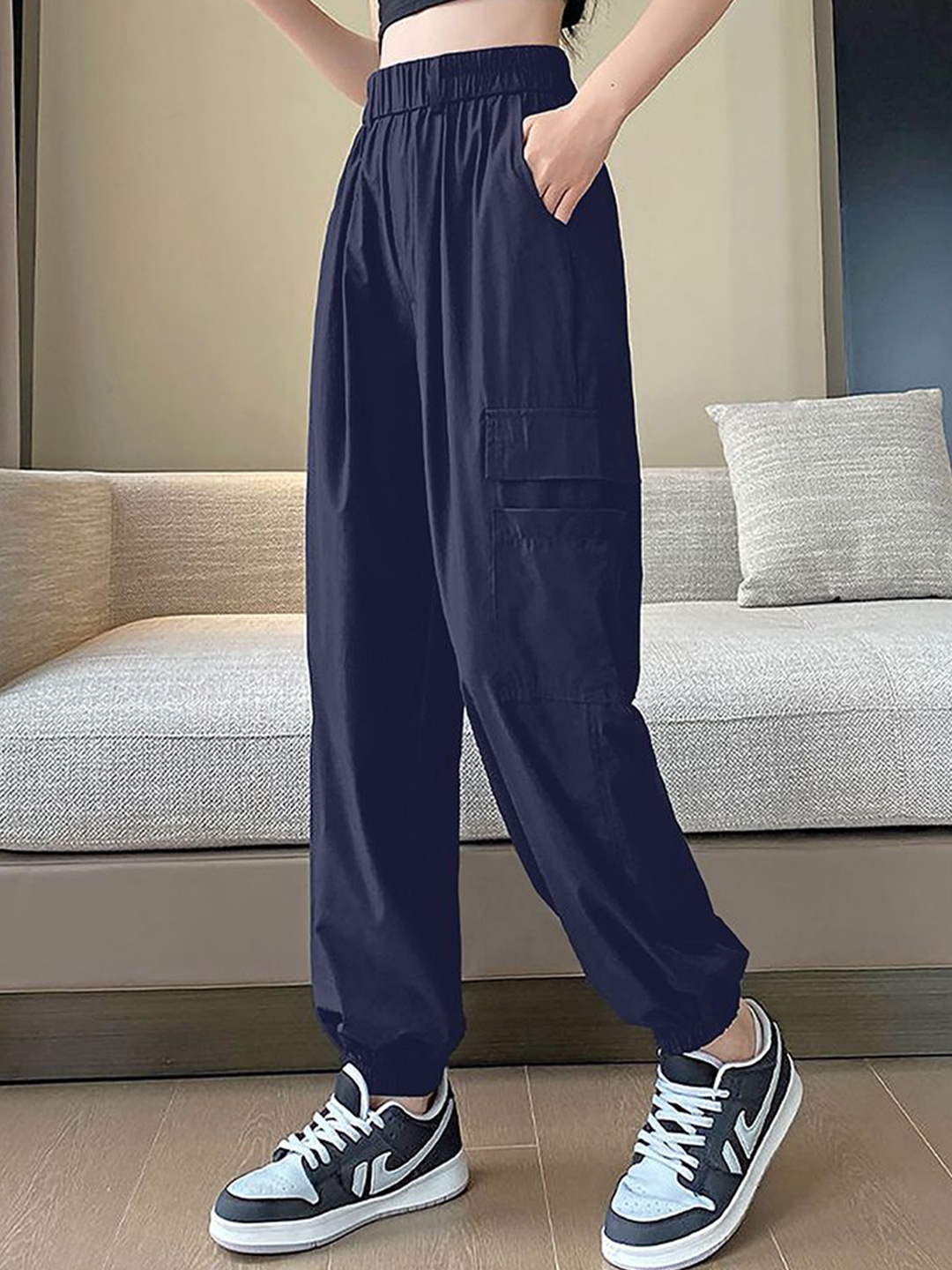 

FLOREOS Women Comfort Loose Fit Easy Wash Cargos Trousers, Navy blue
