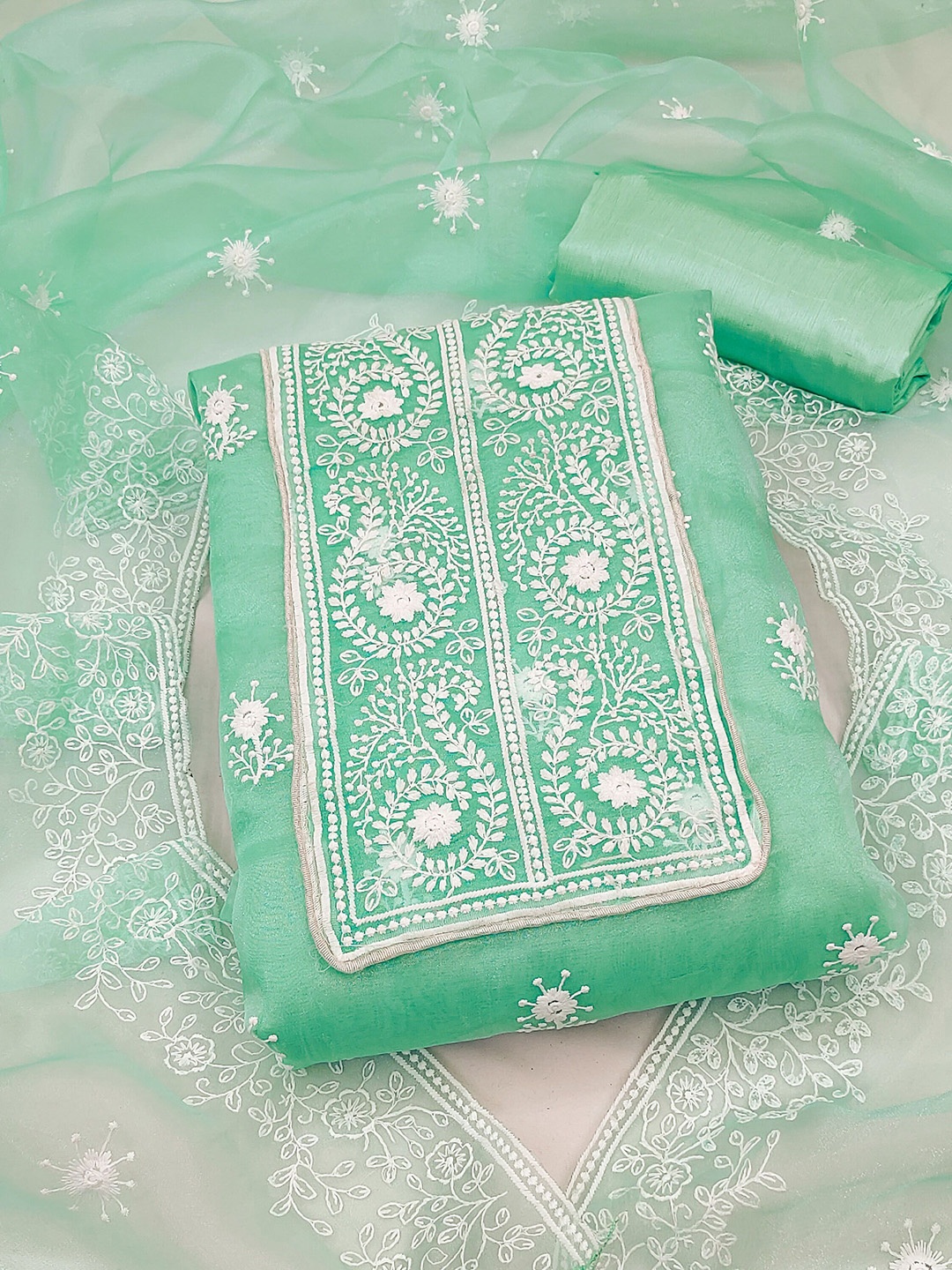 

SAINOOR Floral Embroidered Organza Unstitched Dress Material, Sea green