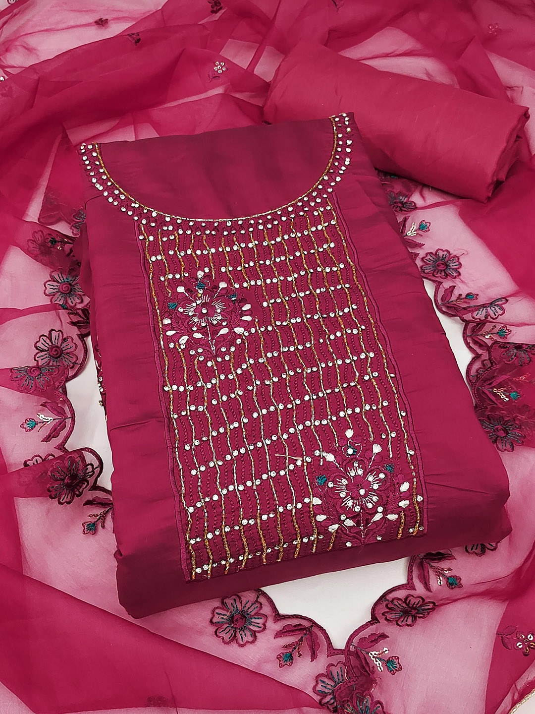 

SAINOOR Floral Embroidered Sequinned Pure Silk Semi-Stitched Dress Material, Magenta