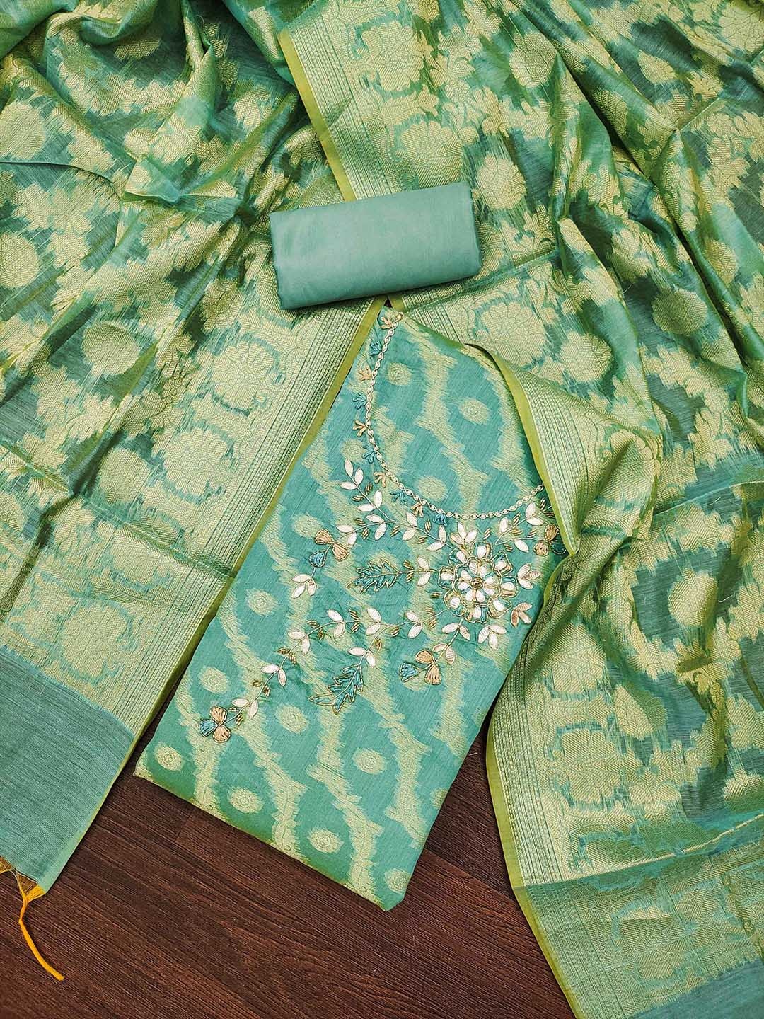 

SAINOOR Floral Woven Design Embellished Semi-Stitched Dress Material, Sea green