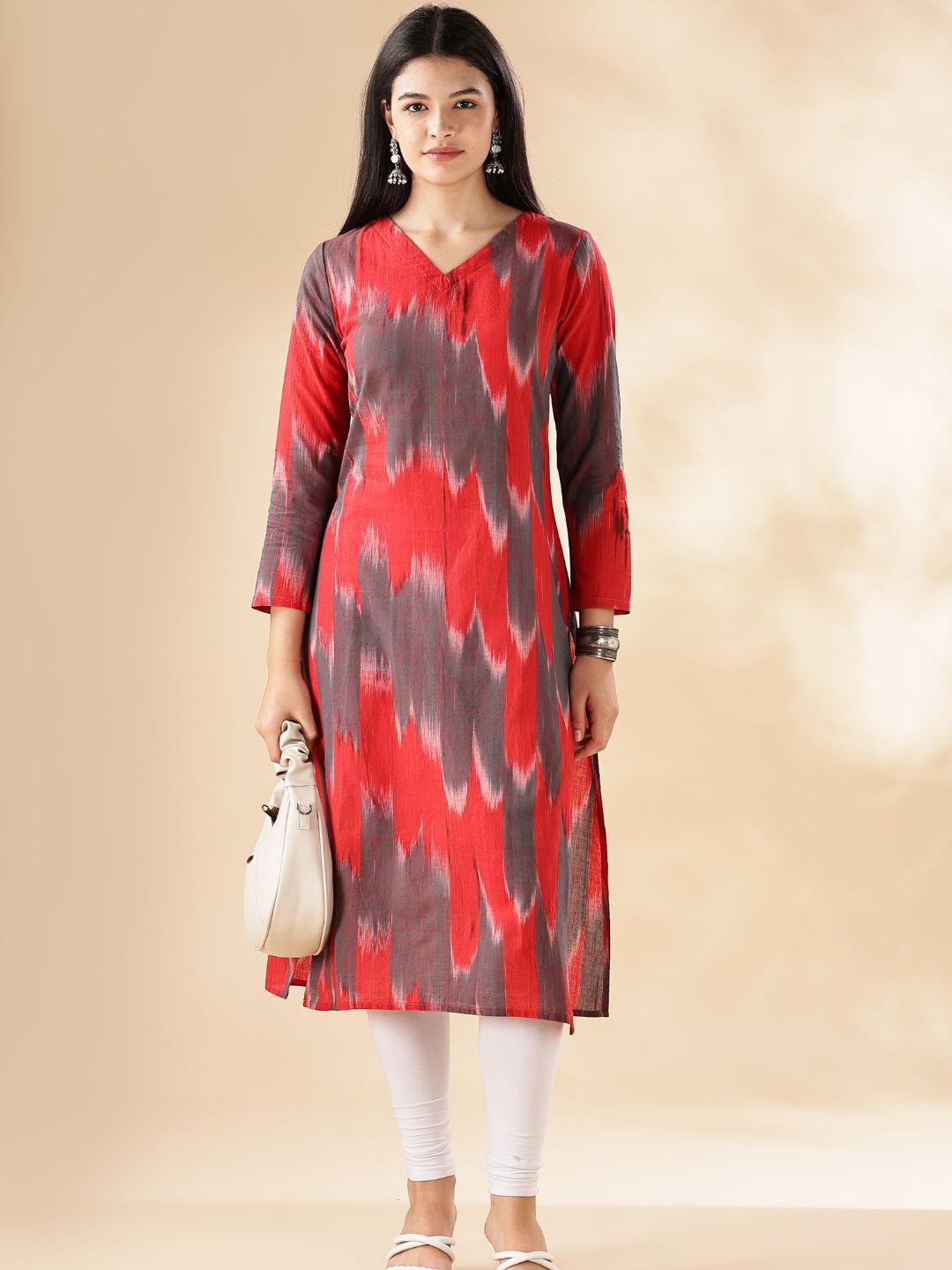 

Girly Colours Women Printed V-Neck Cotton Straight Kurta, Red