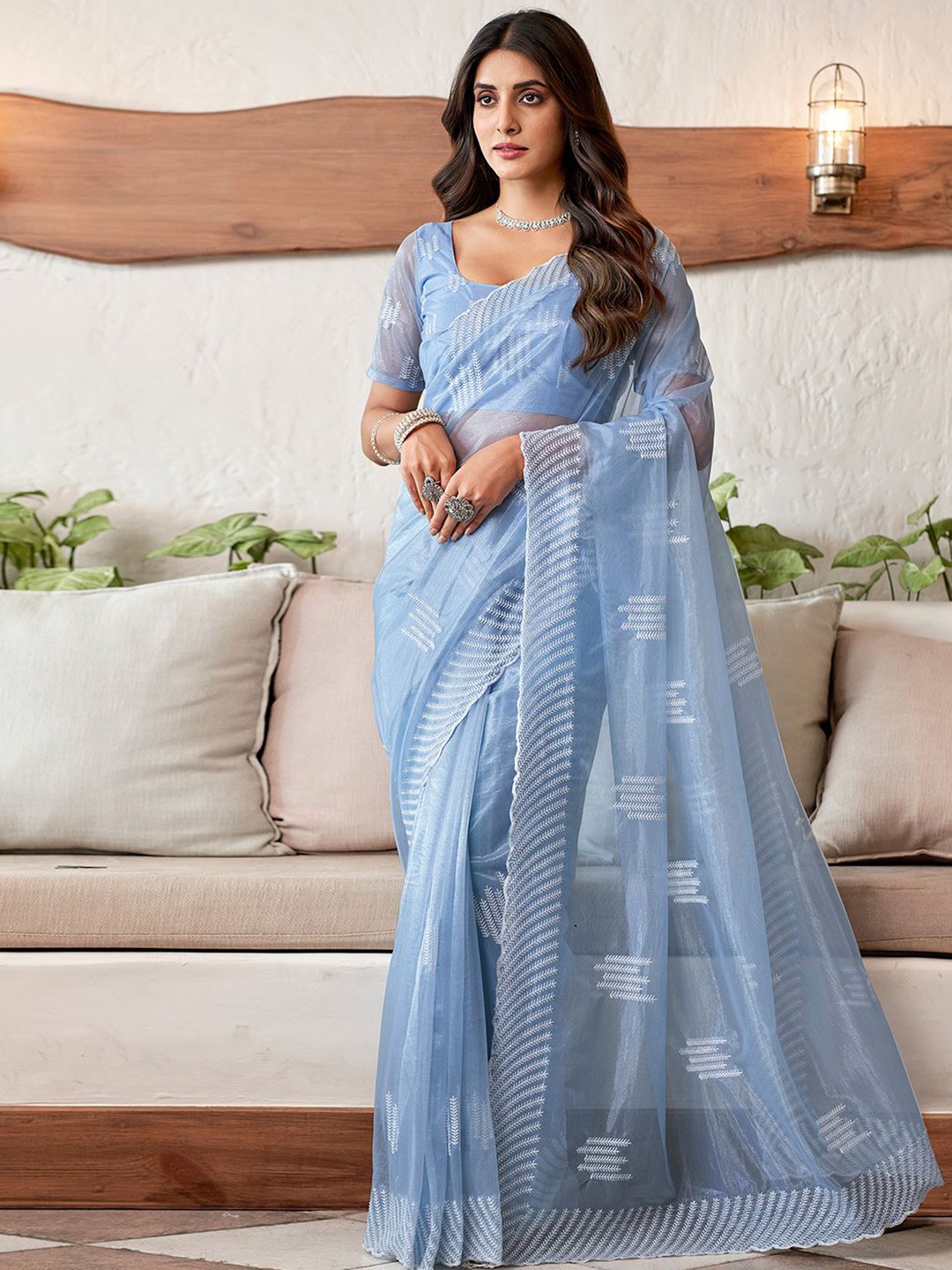 

all about you Striped Embroidered Saree With Unstitched Blouse Piece, Blue