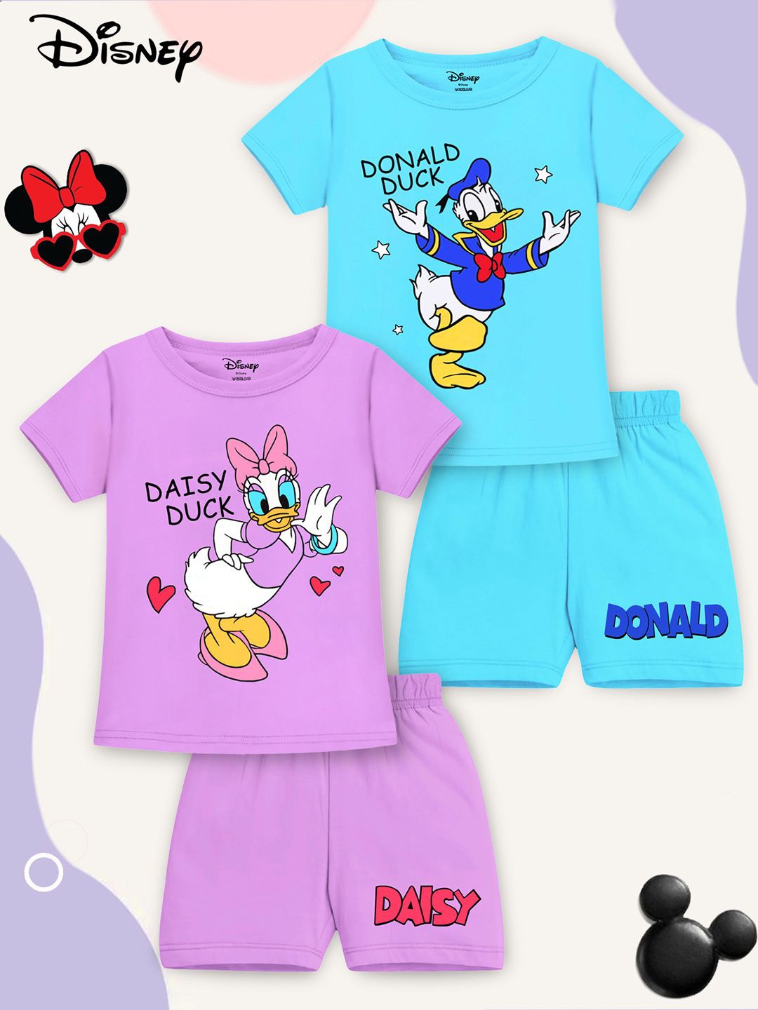 

YK Disney Girls Pack Of 2 Minnie & Daisy Duck Printed T-shirt With Shorts, Purple