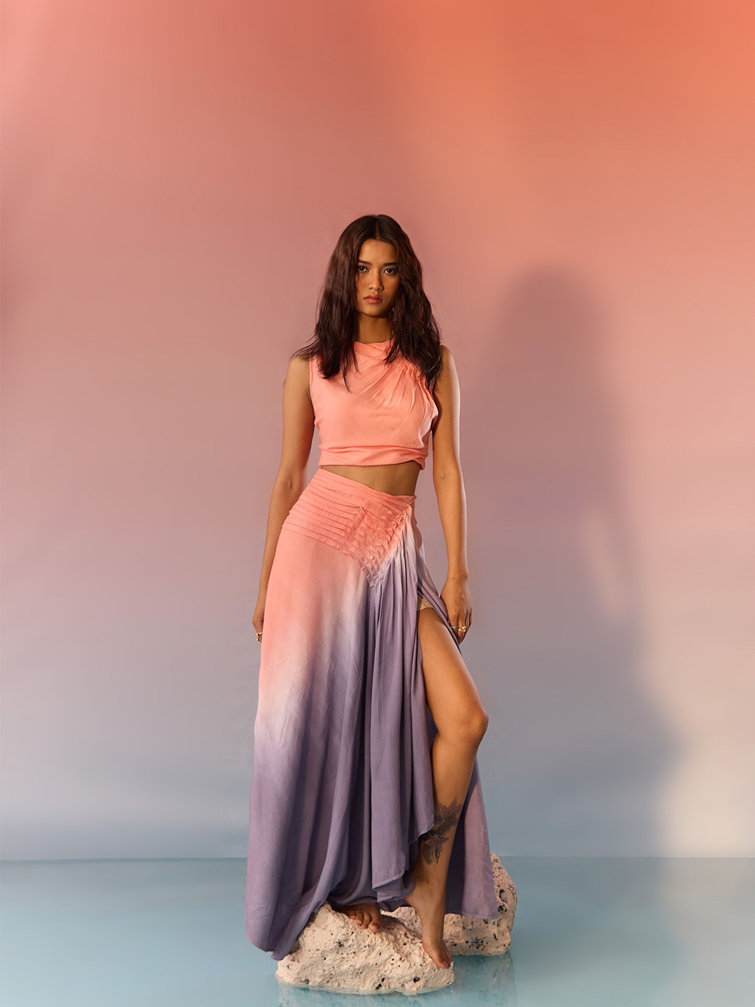 

Western Era Women Round Neck Sleeveless Pleated Crop Top, Peach