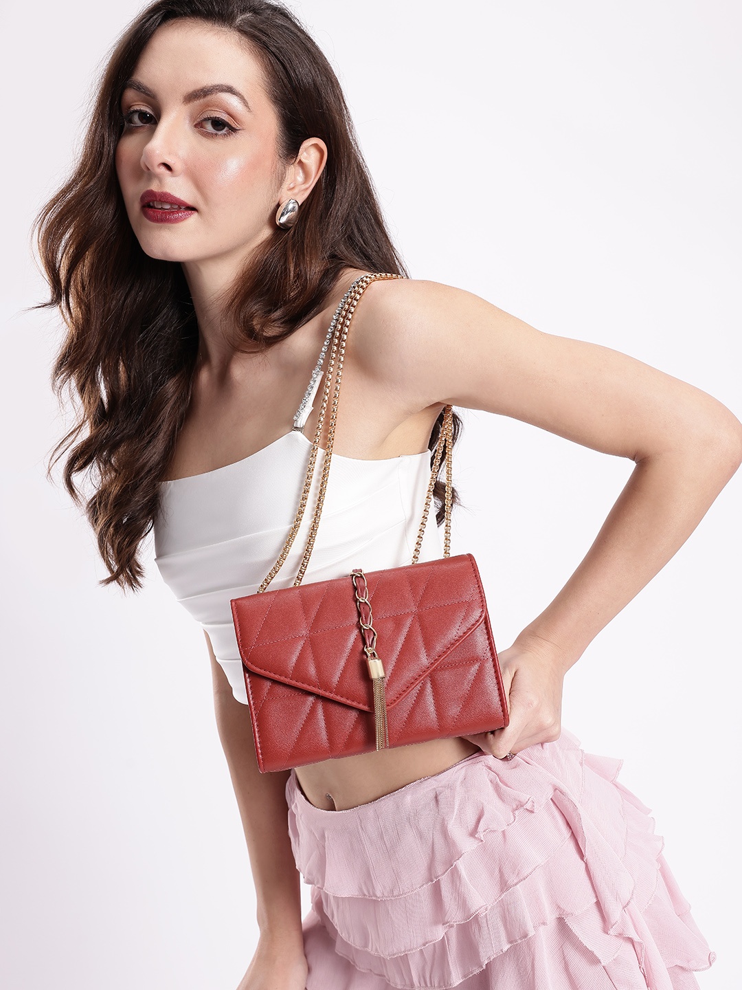 

DressBerry Structured Quilted Sling Bag with Lock Detail, Red