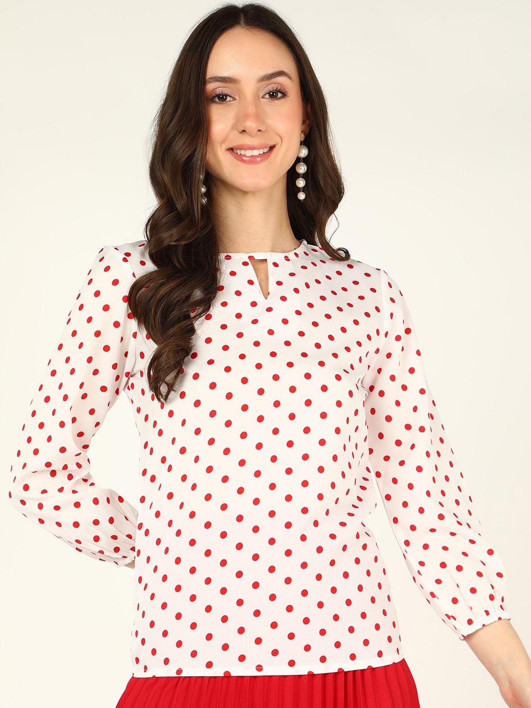 

MISS HAUTE Polka Dot Print Keyhole Neck Crepe Top, White