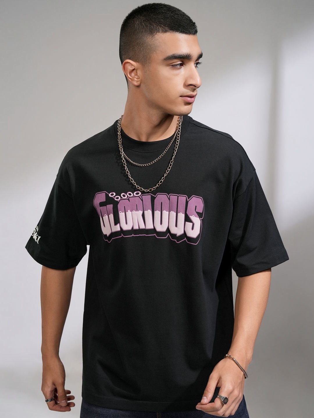 

HIGHLANDER Men Graphic Printed Round Neck Cotton Oversized T-shirt, Black
