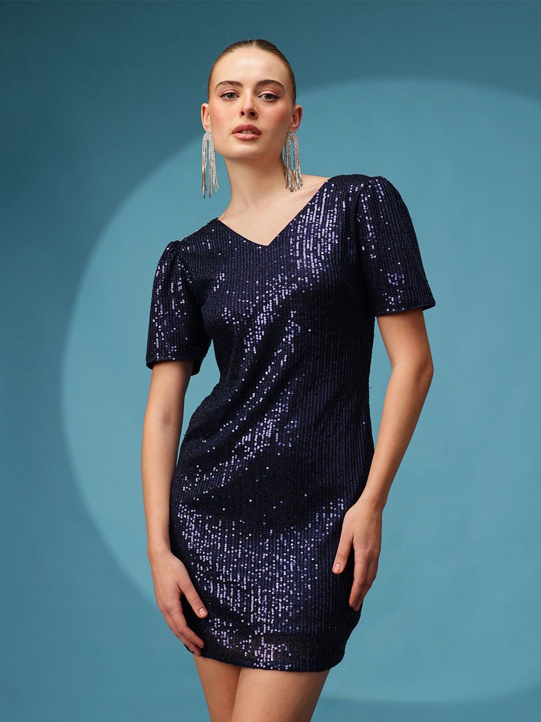 

BAESD Women Embellished V-Neck Short Sleeves Mini Drop-Waist Dress, Navy blue