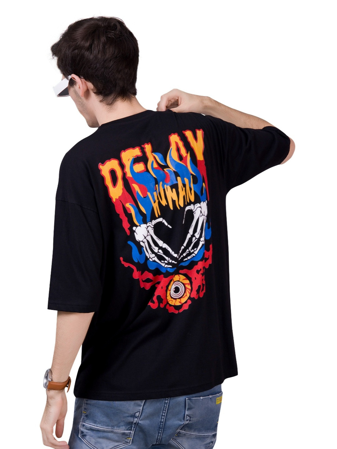 

QUCO Men Bio Finish Graphic Printed Round Neck Cotton Relaxed Fit T-shirt, Black