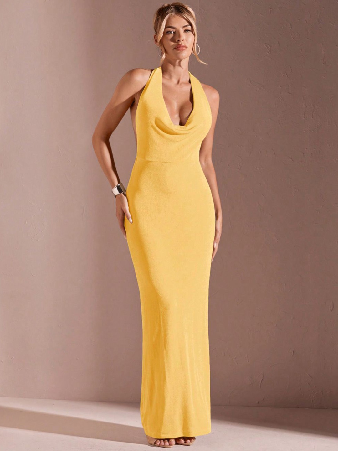 

Moda Rapido Women Cowl Neck Bodycon Maxi Dress, Yellow