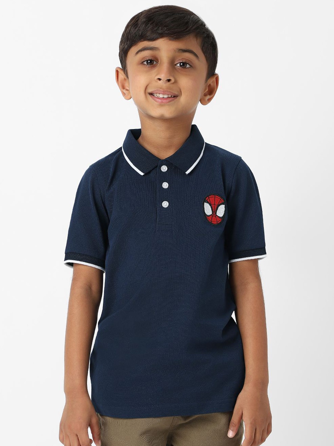 

Nauti Nati Boys Spider-Man Bio Finish Graphic Printed Polo Collar Cotton T-shirt, Navy blue