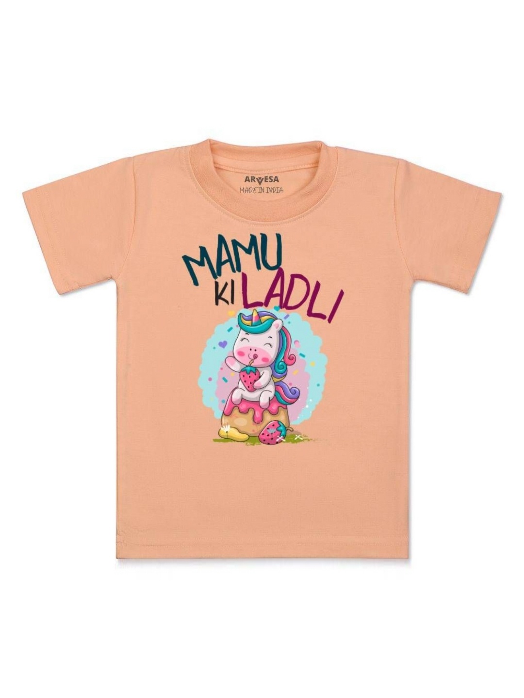 

Arvesa Kids Mamu Ki Ladli Printed Tshirt, Peach