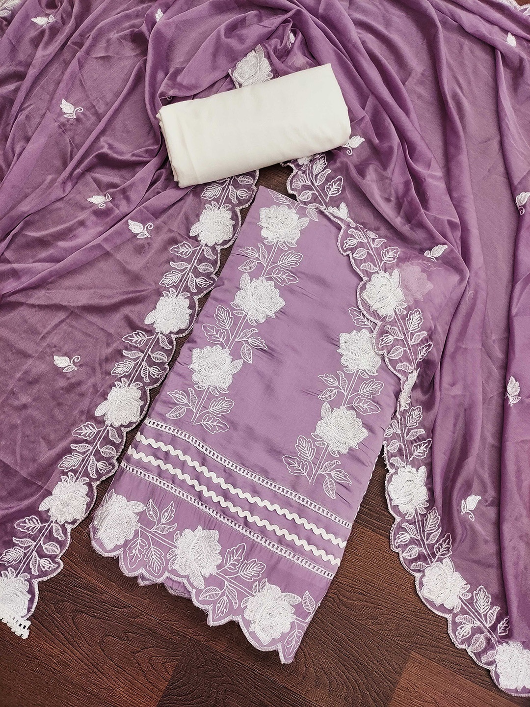 

SAINOOR Floral Embroidered Pure Silk Semi-Stitched Dress Material, Purple