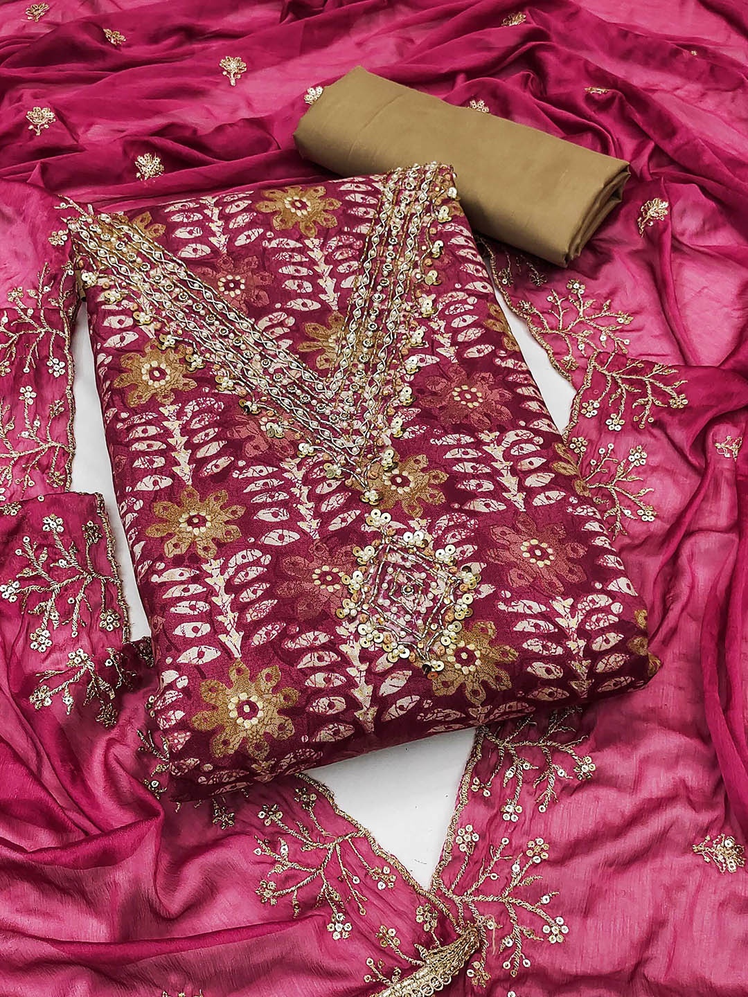

SAINOOR Floral Printed Beads & Stones Jam Cotton Semi-Stitched Dress Material, Pink