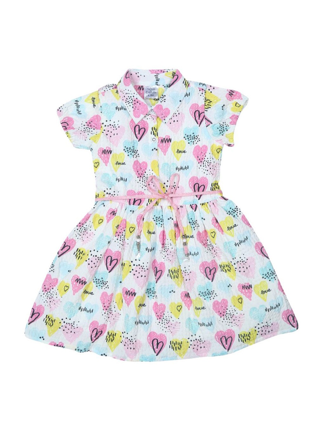

Doodle Girl Graphic Heart Printed Tie-Up Belted Shirt Dress, White