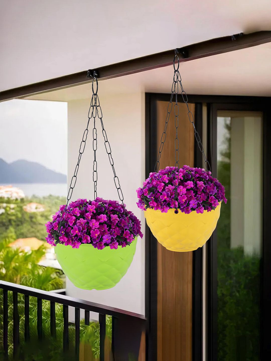 

Kuber Industries Green & Yellow 2 Pieces Textured Hanging Planters