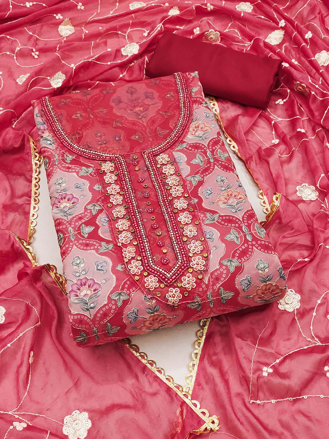 

SAINOOR Floral Embroidered Beads & Stones Organza Unstitched Dress Material, Maroon