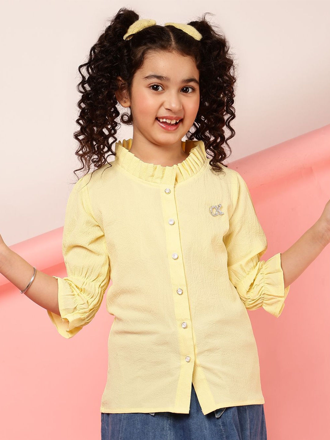 

Miss & Chief Girls Lemon Yellow Mandarin Collar Party Wear Shirt Style Top