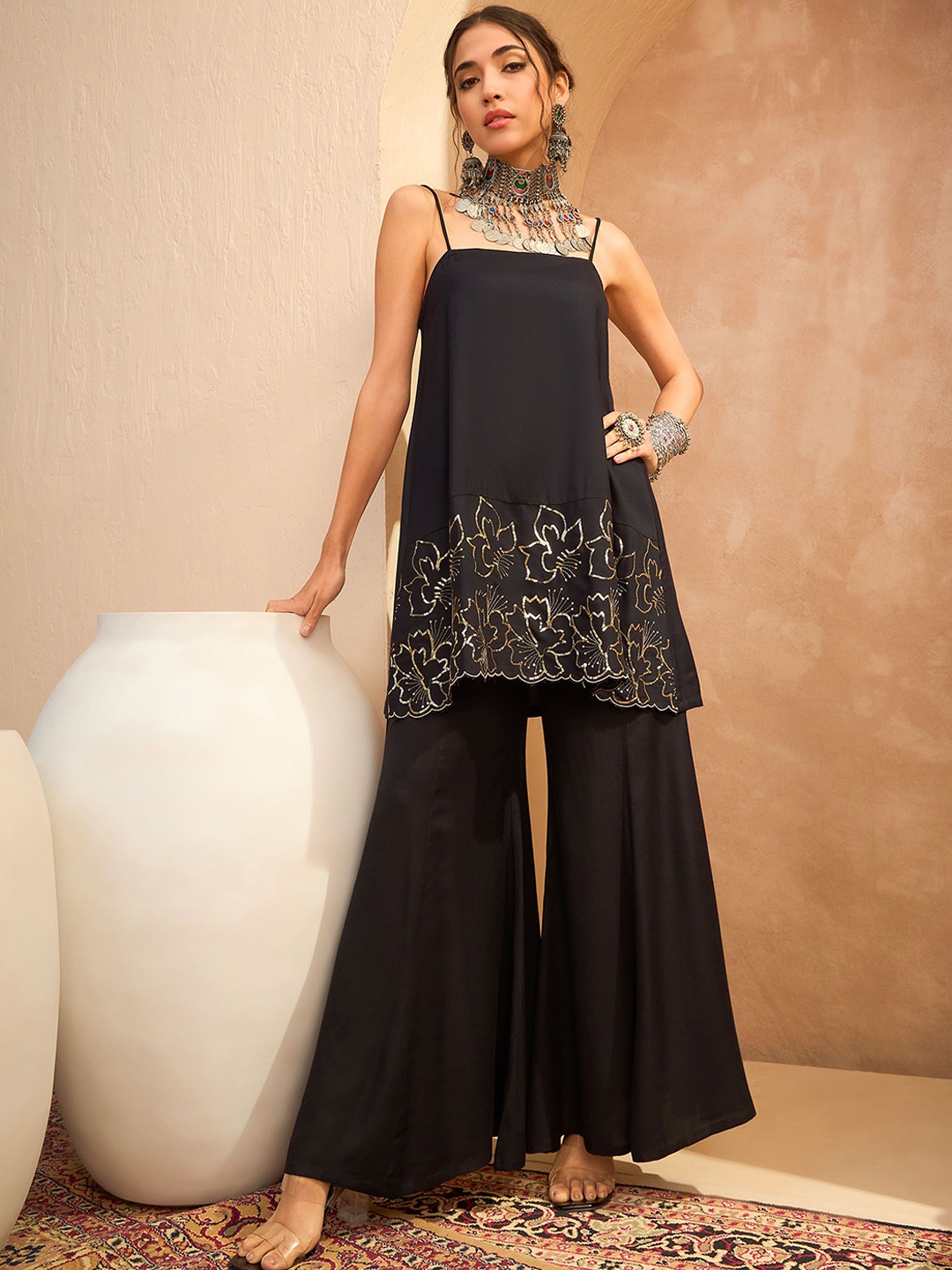 

Shae by SASSAFRAS Floral Embroidered Shoulder Straps A Line Kurti With Palazzos, Black