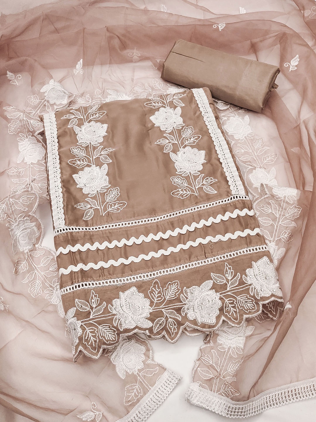 

SAINOOR Floral Embroidered Unstitched Dress Material, Brown