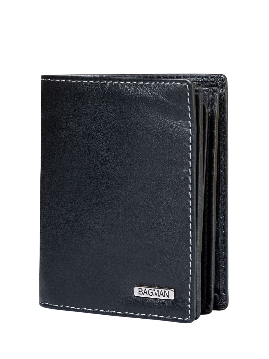 

BAGMAN Men Leather Two Fold Wallet, Black