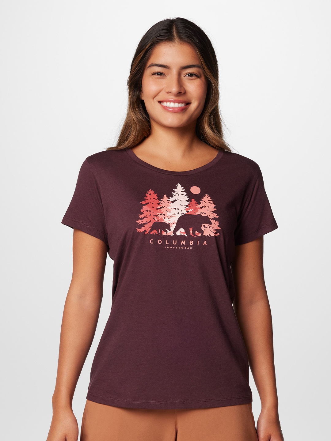 

Columbia Women Graphic Printed Round Neck Cotton T-shirt, Maroon