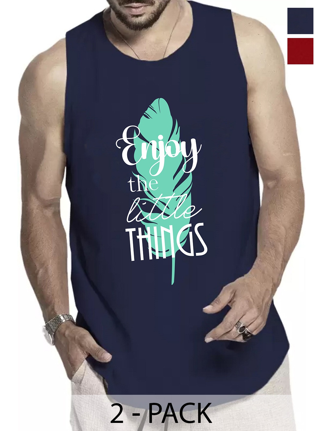 

WOOSTRO Pack Of 2 Printed Gym Vests RS26 (ENJOY NAVY)(HARD MAROON), Navy blue