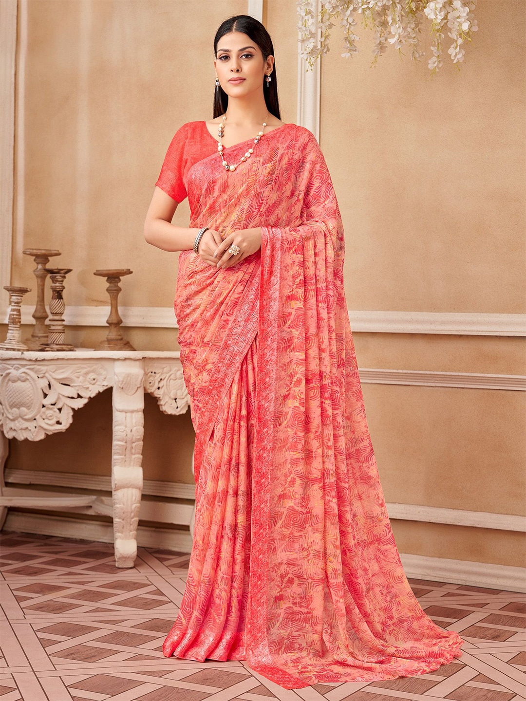 

Mitera Geometric Printed Bagru Saree, Pink