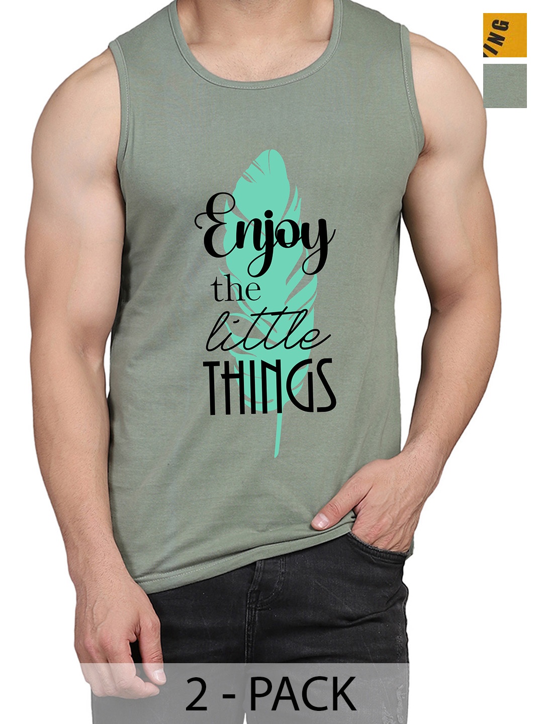 

WOOSTRO Pack Of 2 Printed Cotton Innerwear Vests RS26 (ENJOY LGTGREEN)(98 MUSTARD), Green