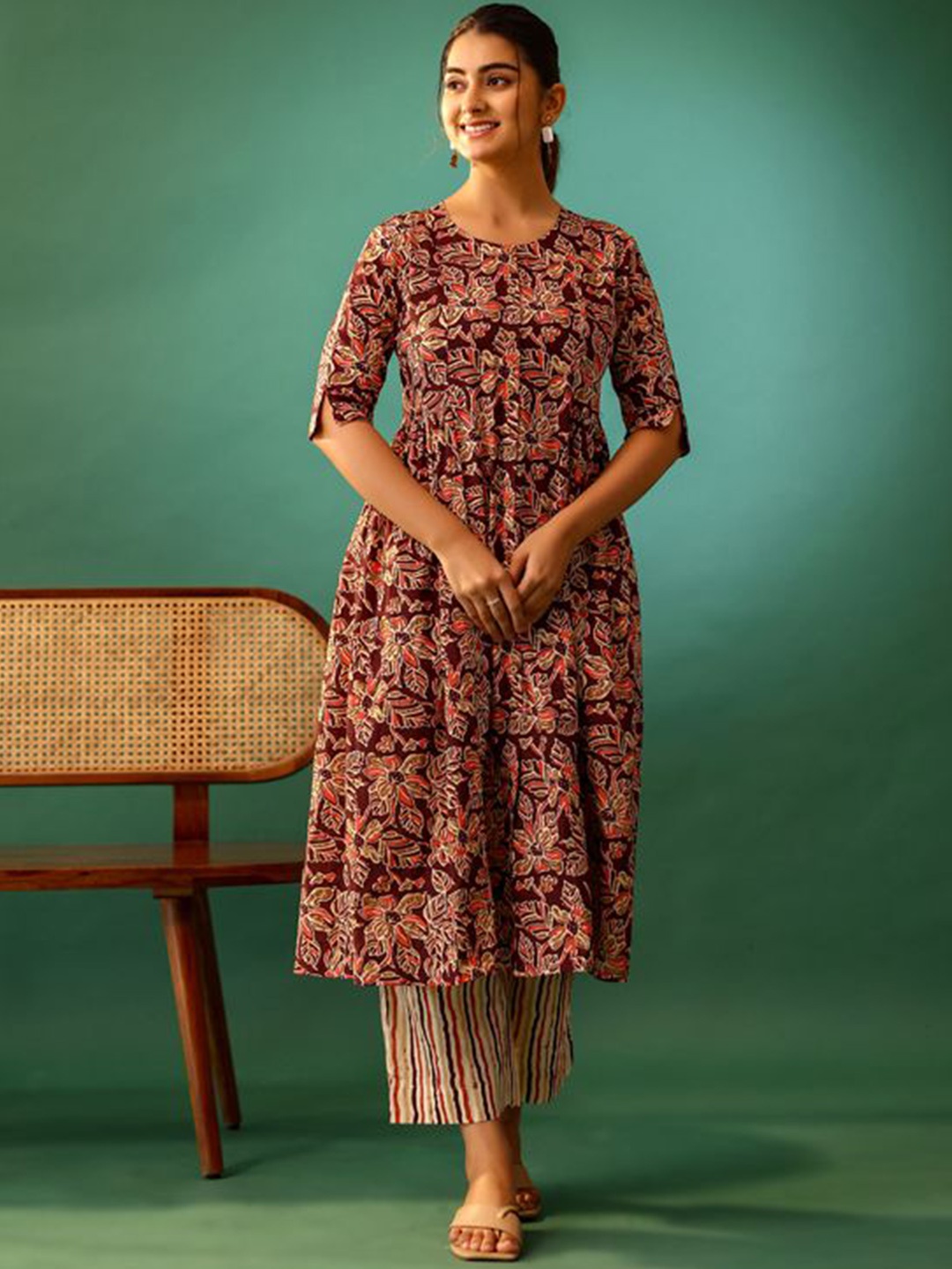 

Vivika Floral Printed Pure Cotton Kurta With Trouser, Maroon
