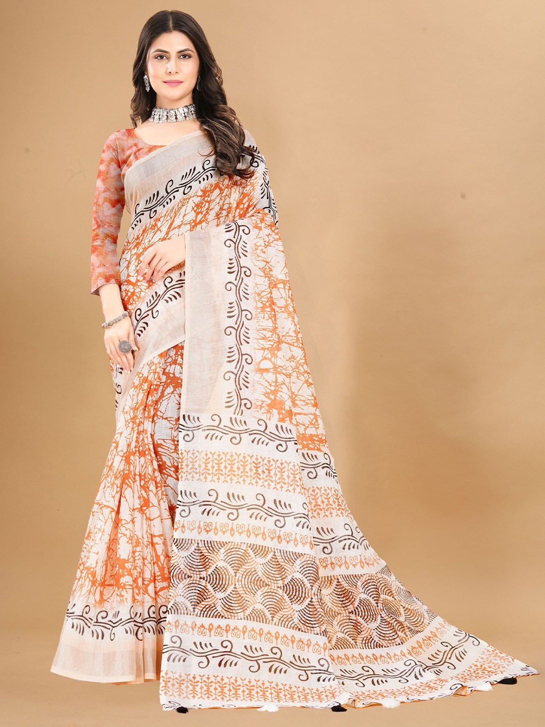 

Anouk Tie and Dye Zari Saree, Peach