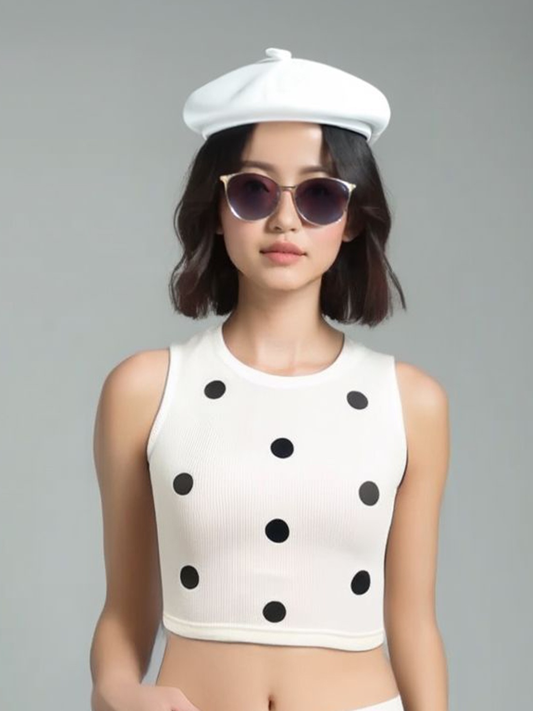 

sollobell Women Polka Dot Print Cotton Crop Top, White