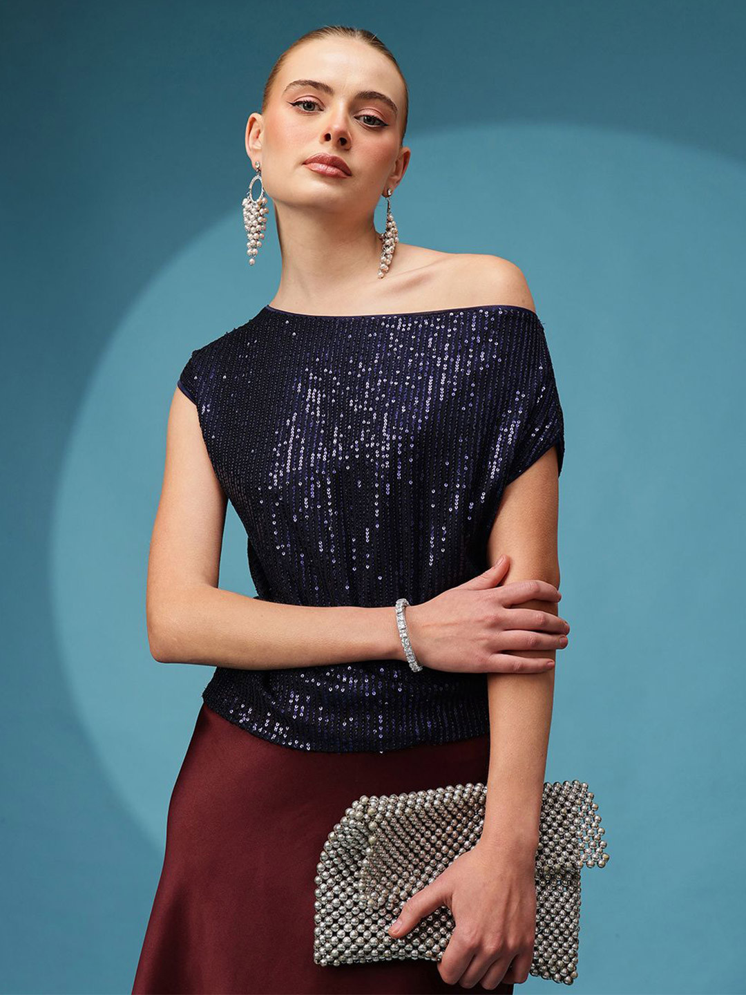 

BAESD Women Embellished One Shoulder Top, Blue