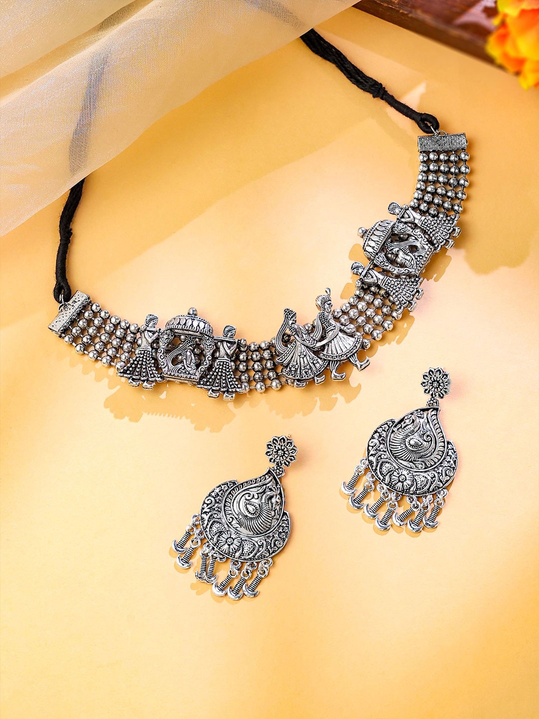 

Yellow Chimes Silver-Plated Oxidised Jewellery Set