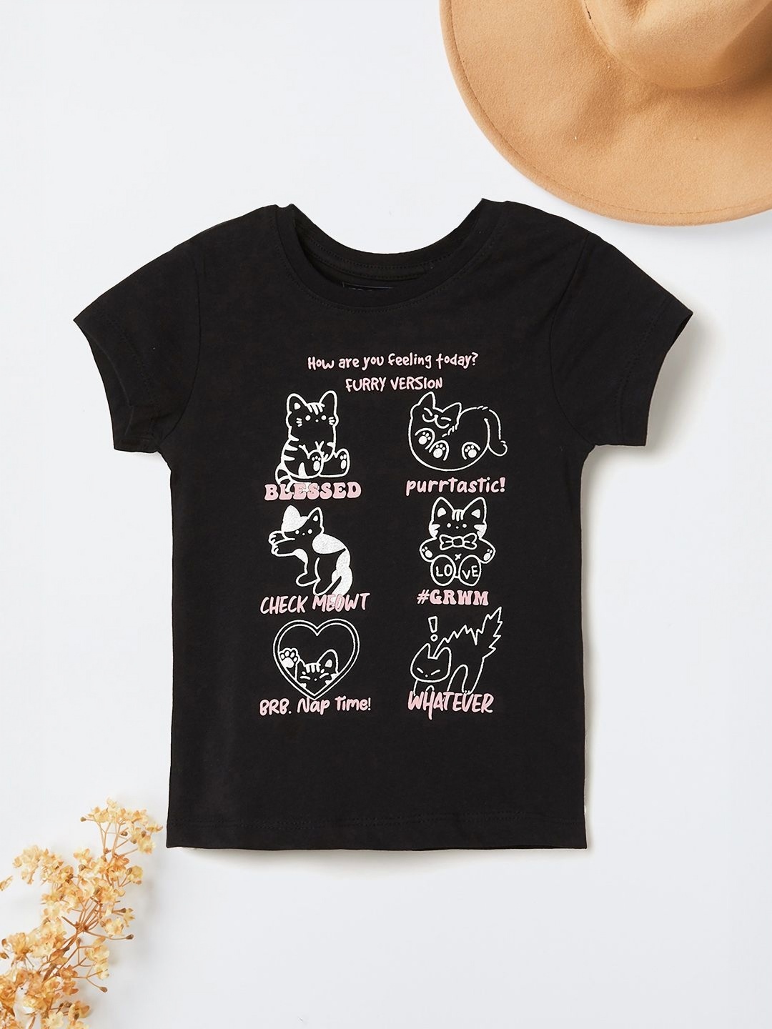 

max Girls Graphic Printed Round Neck Cotton T-shirt, Black